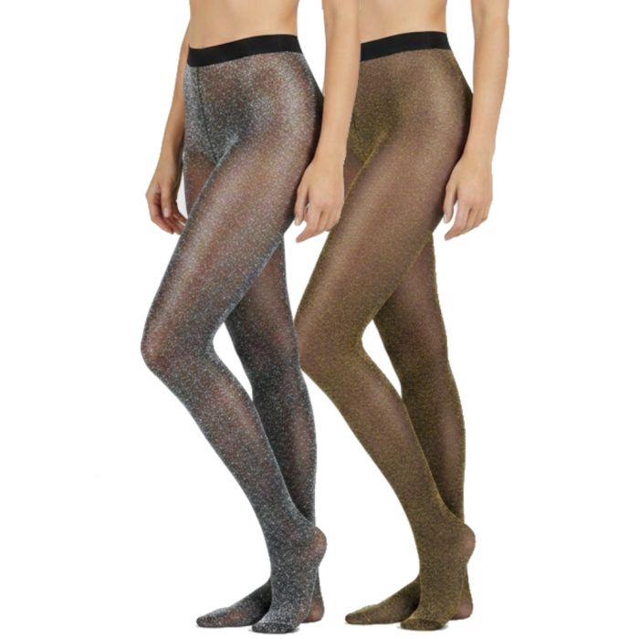 Feestelijke glitterpanty met zilverkleurige glitters of goudkleurige glitters van lurex, op een semi-transparante zwarte basis