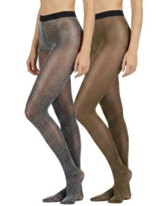 Feestelijke glitterpanty met zilverkleurige glitters of goudkleurige glitters van lurex, op een semi-transparante zwarte basis